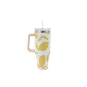 Printed insulated travel mug with handle and clear lid for everyday drinks.