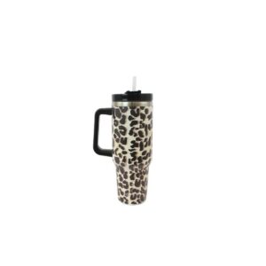 Printed insulated travel mug with handle and clear lid for everyday drinks.