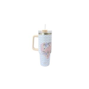 Printed insulated travel mug with handle and clear lid for everyday drinks.