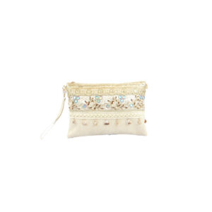 Woven finish with embroidered details and zip closure clutch bag