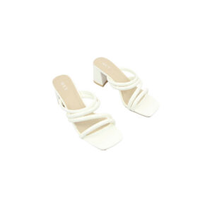 Open toe heel sandals with multi strap design and square toe style.