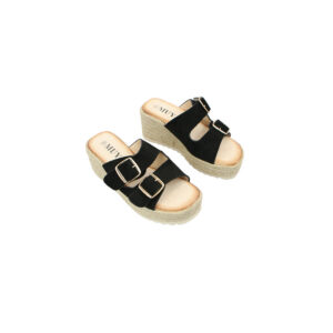 Double strap wedge sandals with adjustable buckle design and open toe style.