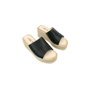 Wide strap wedge slide sandals with open toe design.