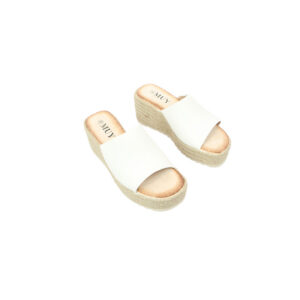 Wide strap wedge slide sandals with open toe design.