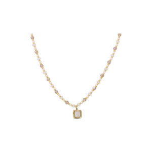 Stainless Steel Gold Crystal Beaded Square Pendant Necklace